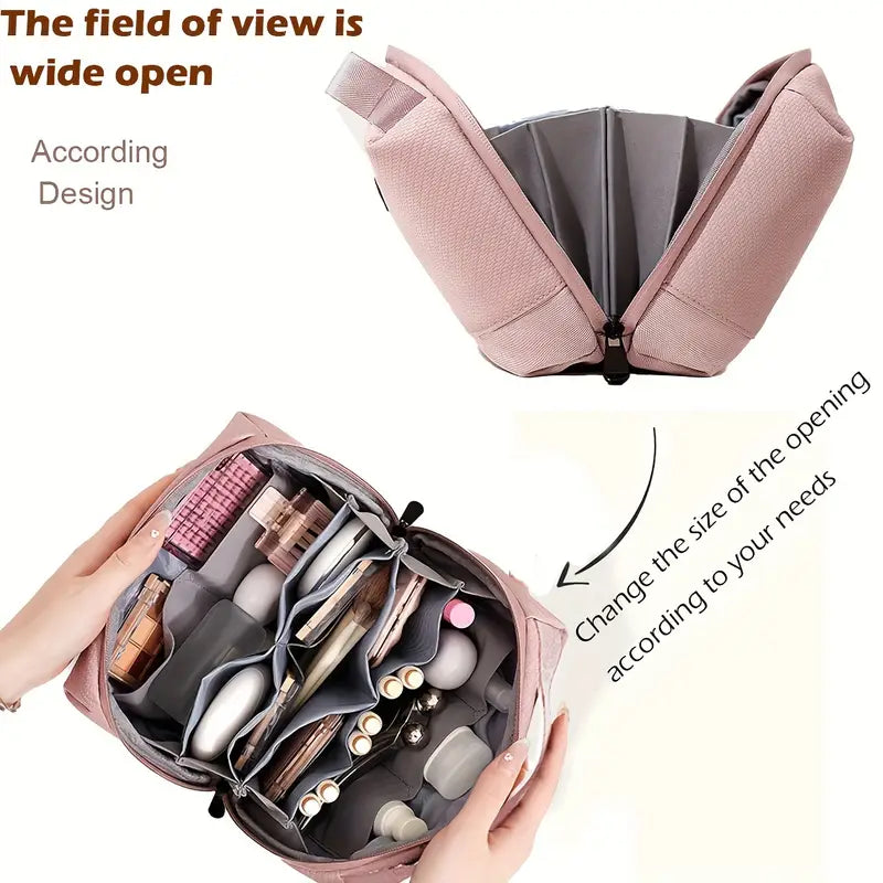 Borsa organizer da viaggio rosa aperta, design espandibile, scomparti multipli per cosmetici e accessori, ideale per viaggi e organizzazione.