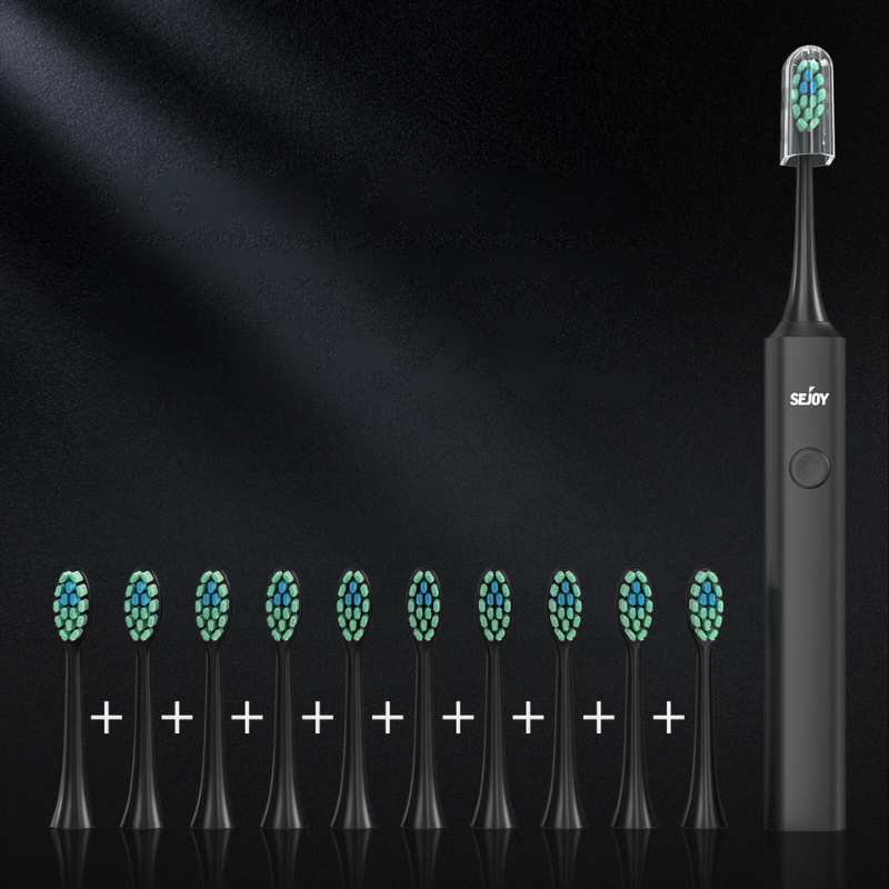 Spazzolino elettrico nero con 8 testine di ricambio, set dentale avanzato, pulizia profonda, design elegante, igiene orale efficace.