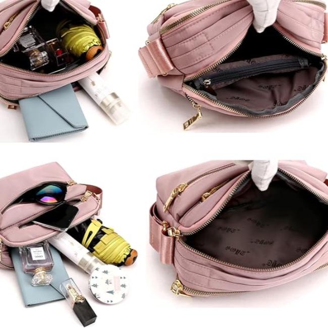 Borsa a tracolla rosa con scomparti multipli, ideale per organizzare accessori come ombrello, portafoglio, occhiali e cosmetici. Perfetta per uso quotidiano.