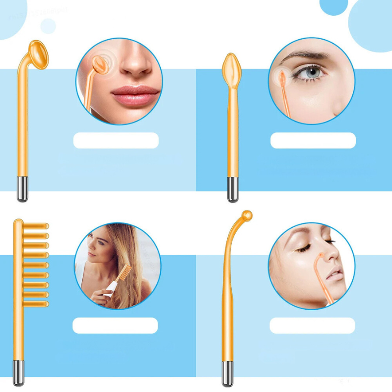 Set di elettrodi per terapia viso, massaggio e cura della pelle, include pettine, bacchetta e accessori per trattamento anti-età e bellezza.