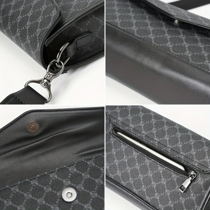 Borsa a tracolla in pelle nera con motivo geometrico grigio, chiusura magnetica, tasca con zip e gancio metallico. Elegante e moderna.