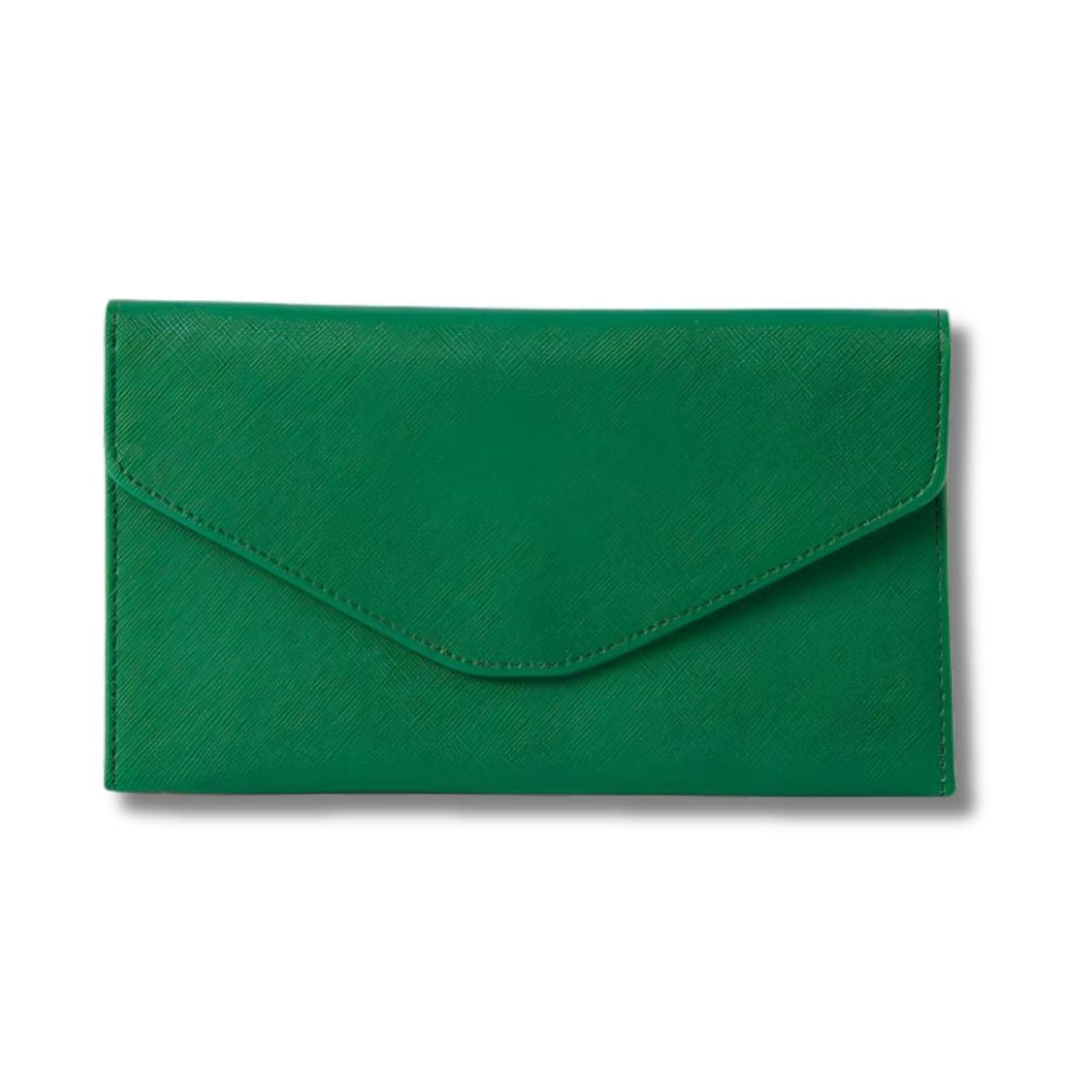 Portafoglio donna verde elegante in pelle, design minimalista, chiusura a busta. Accessorio moda, ideale per ogni occasione.