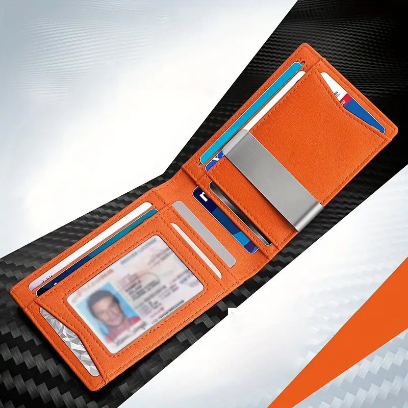 Portafoglio arancione in pelle con porta carte, scomparti multipli e portadocumenti trasparente, su sfondo moderno. Accessorio elegante e funzionale.