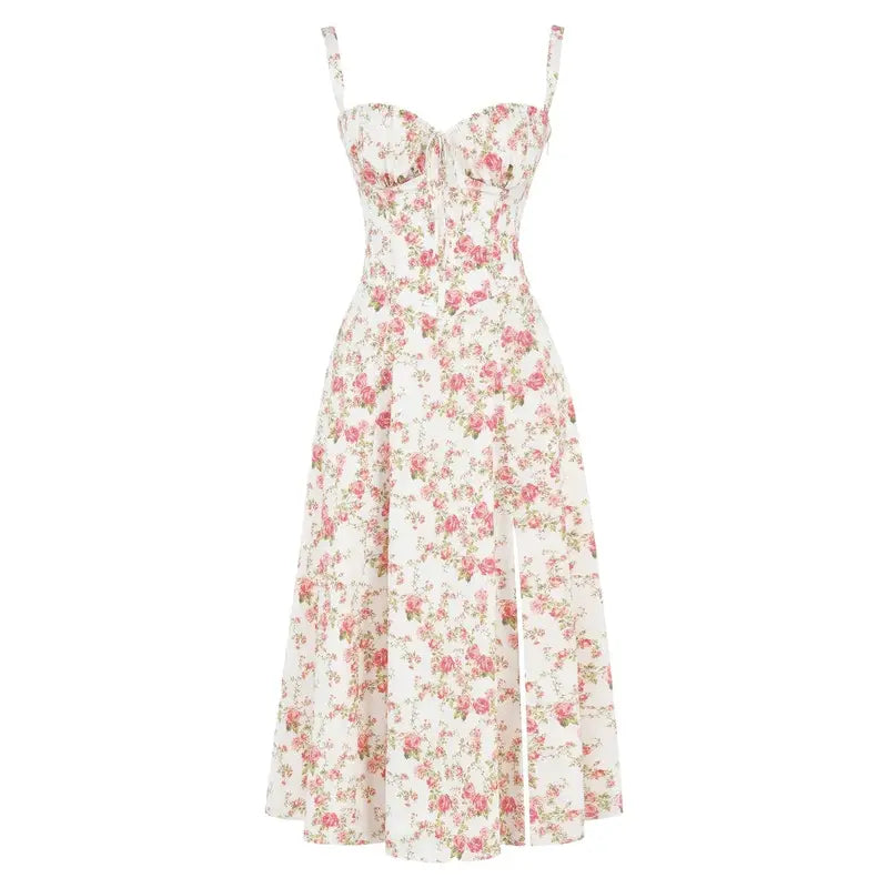 Abito estivo donna floreale bianco e rosa, senza maniche, scollo a cuore, lunghezza midi, perfetto per occasioni casual e eleganti.