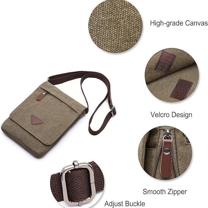 Borsa a tracolla in tela di alta qualità, design con velcro, cerniera liscia, fibbia regolabile. Ideale per uomo, stile casual e resistente.