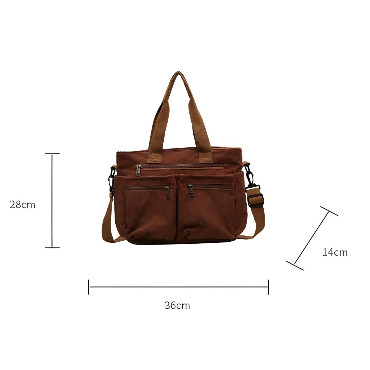 Borsa a tracolla marrone in tela, dimensioni 36x28x14 cm, con manici e tasche multiple con cerniera. Accessorio moda pratico e versatile.