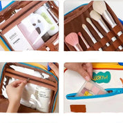 Astuccio trasparente per trucchi con pennelli, palette e profumi. Organizer cosmetici da viaggio, pratico e compatto, con cerniera.