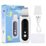Dispositivo pulizia viso ultrasuoni con confezione, cavo USB e copertura. Strumento bellezza ionico per esfoliazione e cura della pelle.