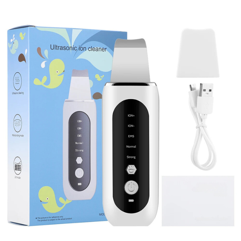 Dispositivo pulizia viso ultrasuoni con confezione, cavo USB e copertura. Strumento bellezza ionico per esfoliazione e cura della pelle.