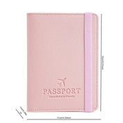 Custodia passaporto rosa in pelle sintetica con elastico, dimensioni 11x15 cm. Design elegante, ideale per viaggiatori. Accessorio da viaggio.