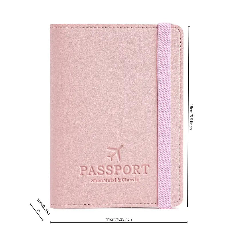 Custodia passaporto rosa in pelle sintetica con elastico, dimensioni 11x15 cm. Design elegante, ideale per viaggiatori. Accessorio da viaggio.