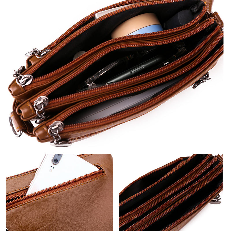 Borsa a tracolla in pelle marrone con più scomparti e cerniere, ideale per organizzare accessori e smartphone. Design elegante e funzionale.