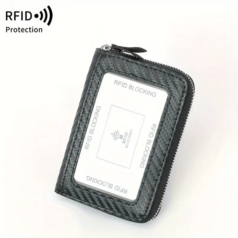 Portafoglio nero in fibra di carbonio con protezione RFID, chiusura a zip, design compatto, ideale per sicurezza carte di credito e documenti.