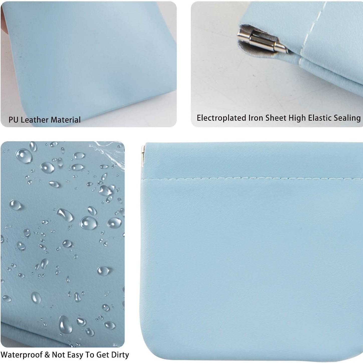 Borsa in pelle PU azzurra, impermeabile, con chiusura elastica in ferro elettroplaccato. Resistente allo sporco, ideale per uso quotidiano.