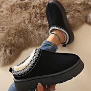 Scarpe invernali nere da donna con fodera in pelliccia sintetica, suola antiscivolo e dettagli decorativi bianchi, ideali per look casual e caldi.