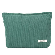 Borsa cosmetica verde in velluto a coste, marchio Sozakka, design elegante e pratico, ideale per trucco e accessori da viaggio.