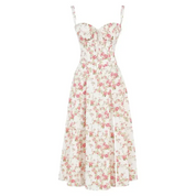 Abito estivo donna floreale bianco e rosa, senza maniche, scollo a cuore, lunghezza media. Perfetto per occasioni casual e eleganti.