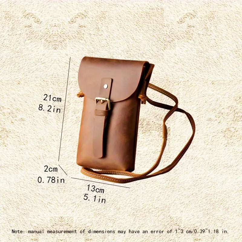 Borsa a tracolla in pelle marrone, dimensioni 21x13x2 cm, design elegante e compatto, ideale per uomo e donna, perfetta per uso quotidiano.