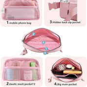 Marsupio rosa multifunzione con tasche: tasca per cellulare, tasche interne in rete elastica, tasca posteriore con zip nascosta, ampio scomparto principale.