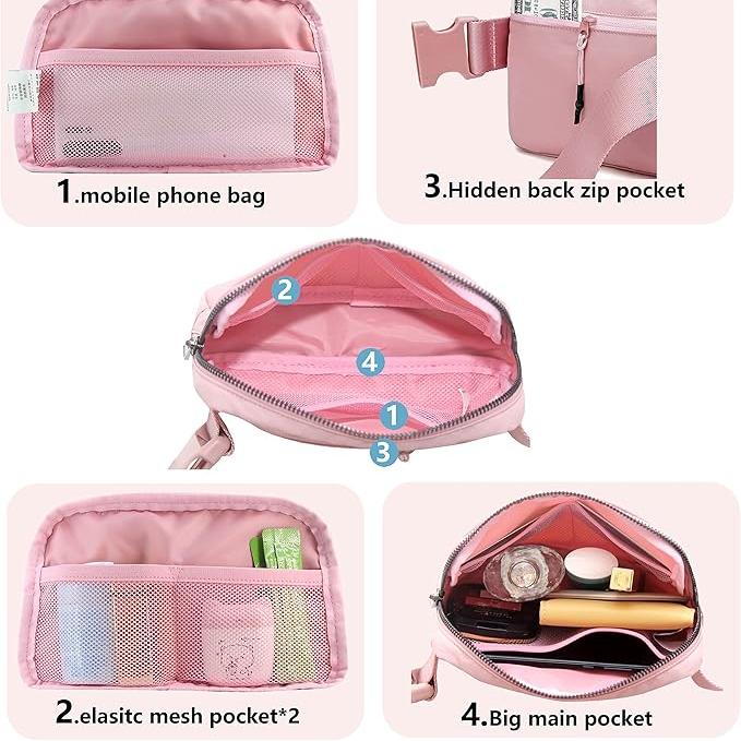 Marsupio rosa multifunzione con tasche: tasca per cellulare, tasche interne in rete elastica, tasca posteriore con zip nascosta, ampio scomparto principale.