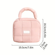 Borsa termica rosa imbottita, dimensioni 19,5x16,5x7,5 cm, manico morbido, ideale per pranzo al sacco, design compatto e portatile.