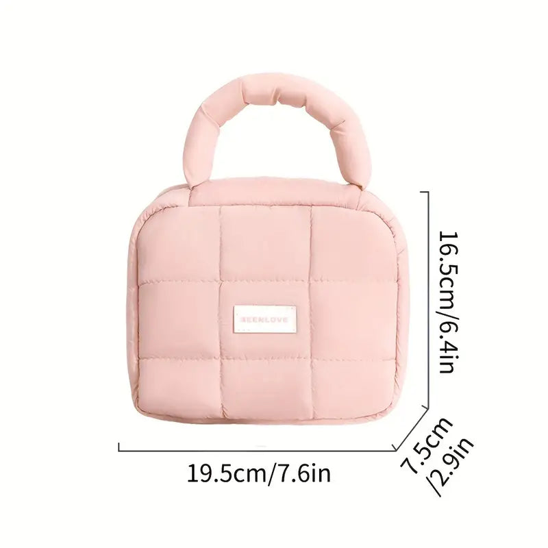 Borsa termica rosa imbottita, dimensioni 19,5x16,5x7,5 cm, manico morbido, ideale per pranzo al sacco, design compatto e portatile.