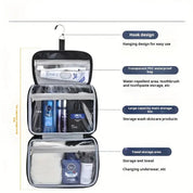 Organizzatore da viaggio appeso, impermeabile, con scomparti trasparenti in PVC per articoli da toeletta, cosmetici e asciugamani. Design pratico e capiente.