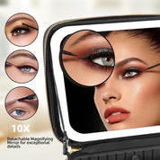 Specchio ingranditore 10x staccabile per trucco dettagliato, con immagini di occhi truccati. Ideale per precisione nel make-up.