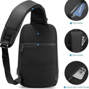 Zaino monospalla nero antifurto con tasche multiple, ideale per viaggi e uso quotidiano. Design compatto, tasca segreta, spazio per passaporto e smartphone.