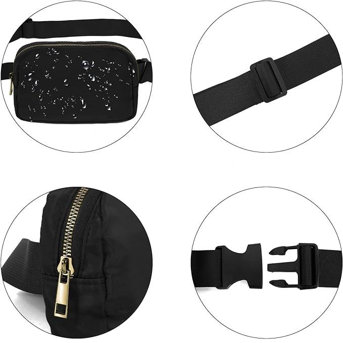 Marsupio nero impermeabile con cerniera dorata, fibbia regolabile e dettagli resistenti. Ideale per viaggi, sport e attività all'aperto.