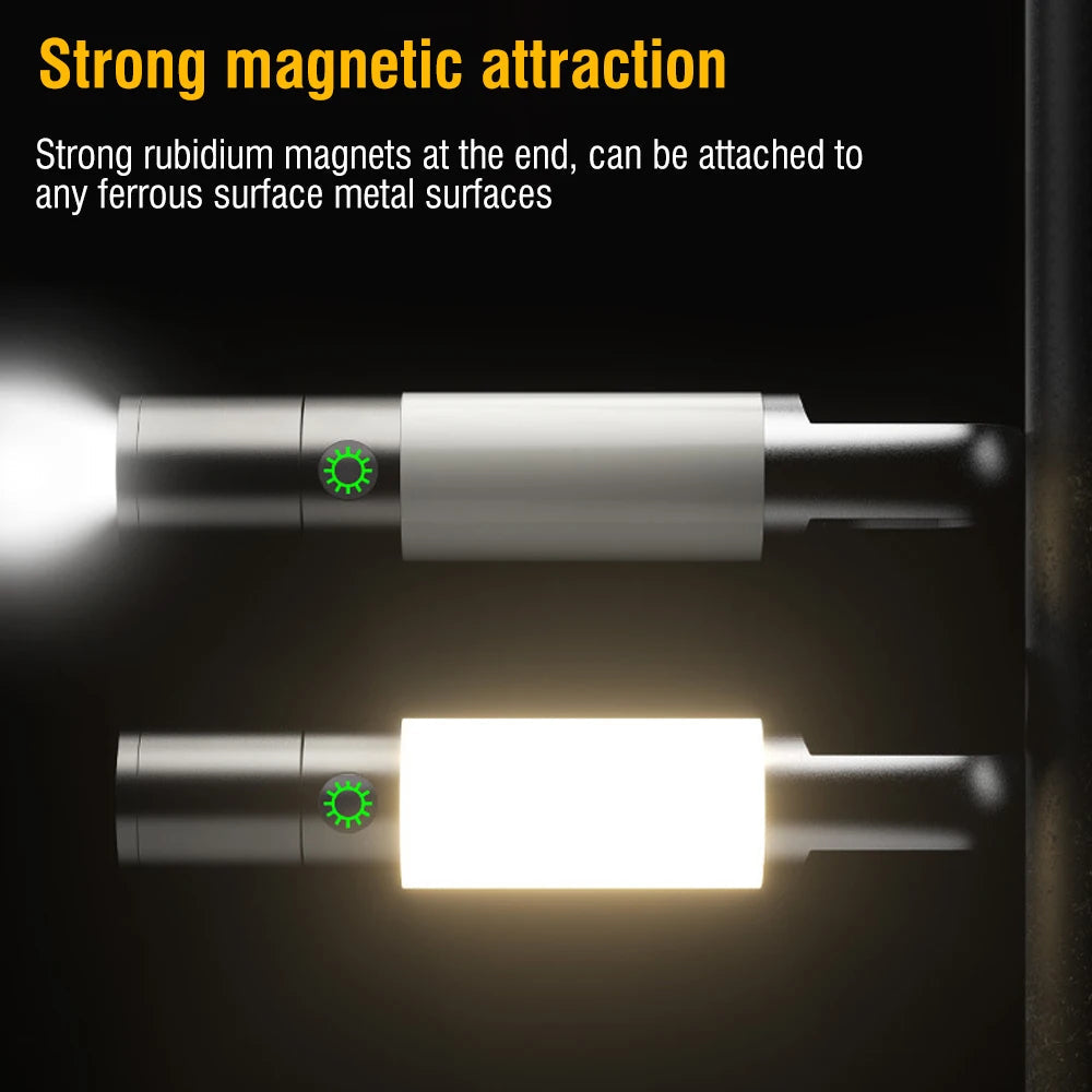 Torcia LED magnetica con magneti al rubidio, luce bianca intensa, attacco su superfici metalliche ferrose, ideale per lavori in ambienti bui.