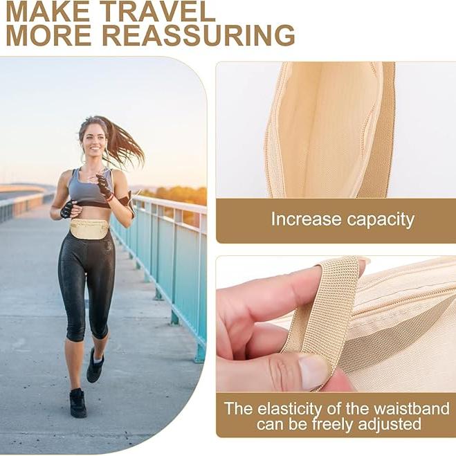 Donna che corre con marsupio beige, tasca espandibile, cintura regolabile. Accessorio sportivo per viaggi, fitness, corsa.