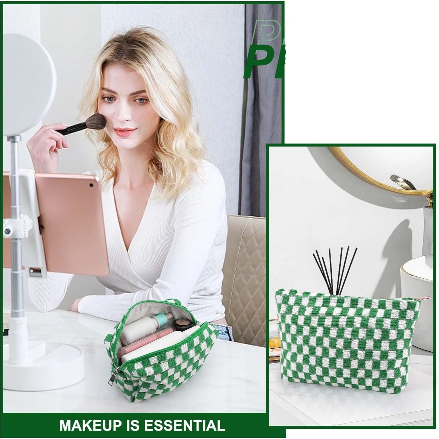 Donna che applica trucco con pennello davanti a specchio, accanto a borsa cosmetica verde a scacchi. Accessori bellezza, routine trucco quotidiana.