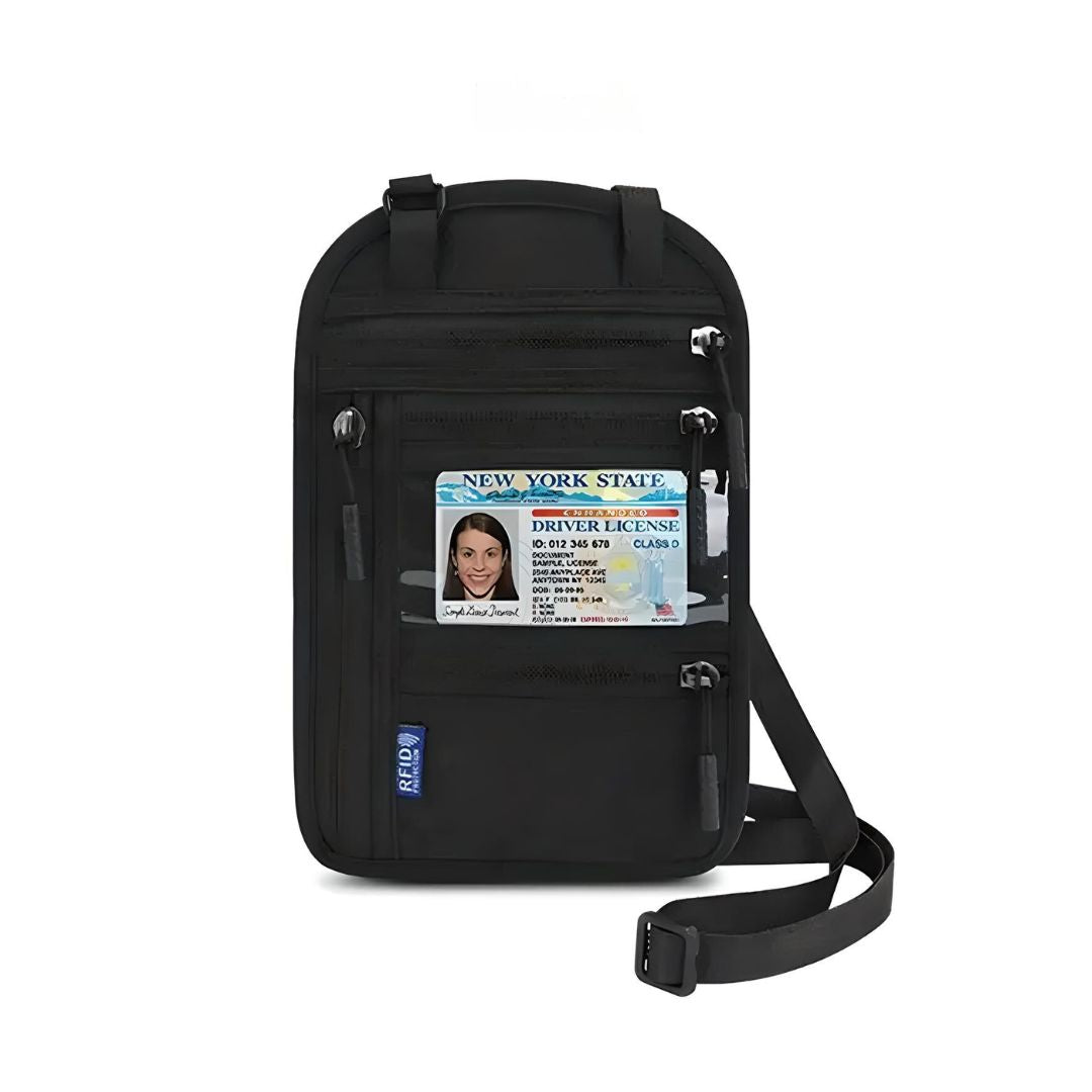 Borsa a tracolla nera con protezione RFID, tasche multiple e finestra trasparente per documenti d'identità. Ideale per viaggi e sicurezza.