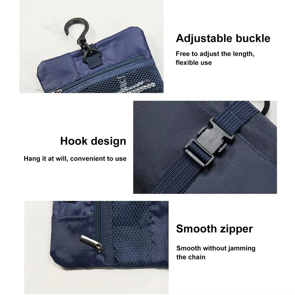 Borsa organizer da viaggio blu con gancio regolabile, cerniera liscia e design a rete. Ideale per accessori, resistente e pratica.