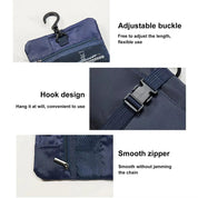 Borsa organizer da viaggio blu con gancio regolabile, cerniera liscia e design a rete. Ideale per accessori, resistente e pratica.