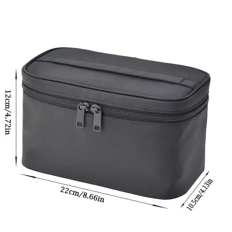 Borsa organizer da viaggio nera, dimensioni 22x12x10,3 cm, con doppia cerniera. Ideale per cosmetici e accessori, compatta e resistente all'acqua.