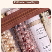 Prodotti cosmetici impermeabili in borsa trasparente con strato PVC, include crema illuminante e capsule skincare. Ideale per viaggi e organizzazione.