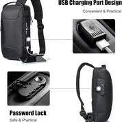 Zaino antifurto con porta USB, design moderno, chiusura a combinazione, ideale per viaggi e lavoro. Tasche multiple, pratico e sicuro.