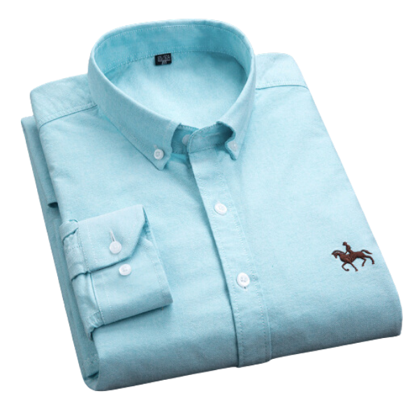 Camicia uomo azzurra in cotone, manica lunga, colletto button-down, logo ricamato cavallo, elegante e casual, moda maschile.