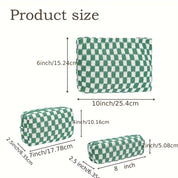 Set di tre borse a scacchi verdi e bianchi, dimensioni: 10x6 pollici, 7x4 pollici, 8x2,5 pollici. Ideale per organizzazione e viaggio.