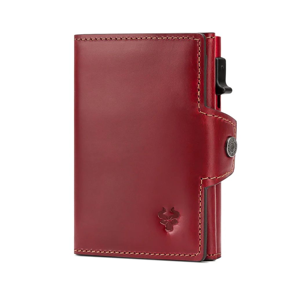 Portafoglio in pelle rossa con chiusura a bottone, design elegante e compatto, ideale per carte di credito e contanti. Accessorio moda uomo e donna.