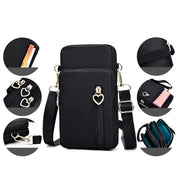 Borsa a tracolla nera multifunzione con cerniere a cuore, tasche multiple, scomparti per carte, design elegante e pratico per donna.