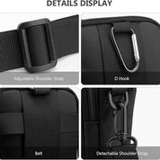 Dettagli borsa a tracolla nera: cinturino regolabile, gancio a D, cintura, tracolla staccabile. Design funzionale e versatile per ogni occasione.