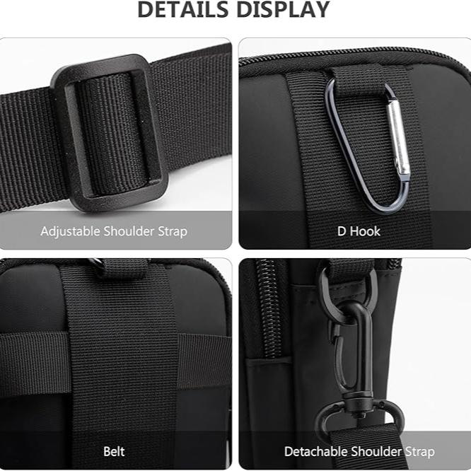 Dettagli borsa a tracolla nera: cinturino regolabile, gancio a D, cintura, tracolla staccabile. Design funzionale e versatile per ogni occasione.