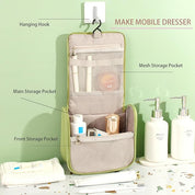 Beauty case da viaggio appeso, verde, con tasche in rete e scomparti multipli per cosmetici. Organizzatore portatile per bagno e viaggio.