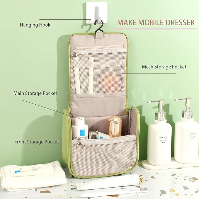 Beauty case da viaggio appeso, verde, con tasche in rete e scomparti multipli per cosmetici. Organizzatore portatile per bagno e viaggio.