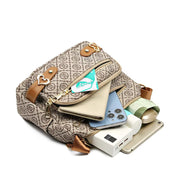 Zaino beige con motivo monogramma, tasche multiple, contenente smartphone, power bank, portafoglio e accessori. Elegante e funzionale per viaggi.