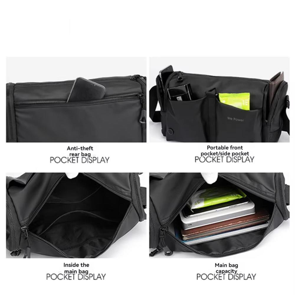 Borsa a tracolla nera multifunzione con tasche antifurto, tasca frontale portatile e ampio scomparto principale per tablet e accessori.