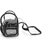 Zaino trasparente in PVC nero con tasche multiple, cerniere robuste e design compatto. Ideale per viaggi, scuola e eventi sportivi.